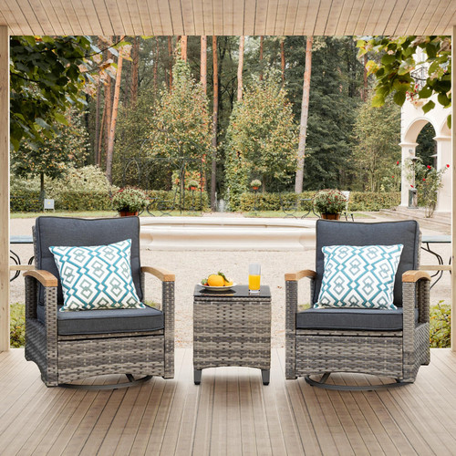 3 Piece Outdoor Swivel Rocker, Patio Furniture Bistro Set with 360° Wood Armrests Swivel Rocking Chairs and Side Table for Porch,Deck,Balcony(Grey)