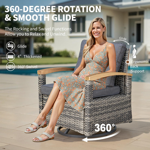 3 Piece Outdoor Swivel Rocker, Patio Furniture Bistro Set with 360° Wood Armrests Swivel Rocking Chairs and Side Table for Porch,Deck,Balcony(Grey)
