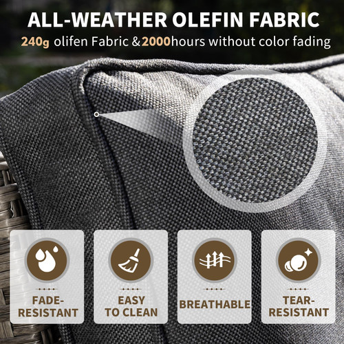 6 Piece Outdoor Patio Furniture Set, Half-Moon Curved Sectional Set with Wood Armrests, Patio Conversation Set, Tempered Glass Coffee & Side Tables (Grey)