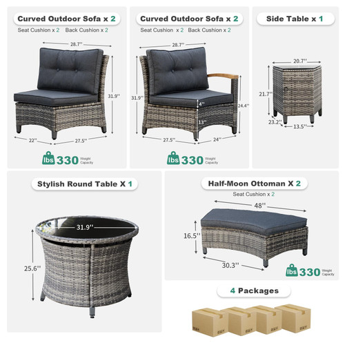 8 Piece Outdoor Patio Furniture Set, Half-Moon Curved Sectional Set with Wood Armrests, Patio Conversation Set, 2 Half-Moon Ottomans, Round Table & Side Table (Grey)