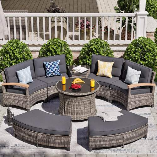 8 Piece Outdoor Patio Furniture Set, Half-Moon Curved Sectional Set with Wood Armrests, Patio Conversation Set, 2 Half-Moon Ottomans, Round Table & Side Table (Grey)