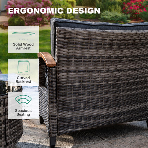 8 Piece Outdoor Patio Furniture Set, Half-Moon Curved Sectional Set with Wood Armrests, 2 Half-Moon Ottomans, Round Table (Grey)