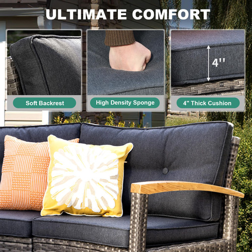 8 Piece Outdoor Patio Furniture Set, Half-Moon Curved Sectional Set with Wood Armrests, 2 Half-Moon Ottomans, Round Table (Grey)