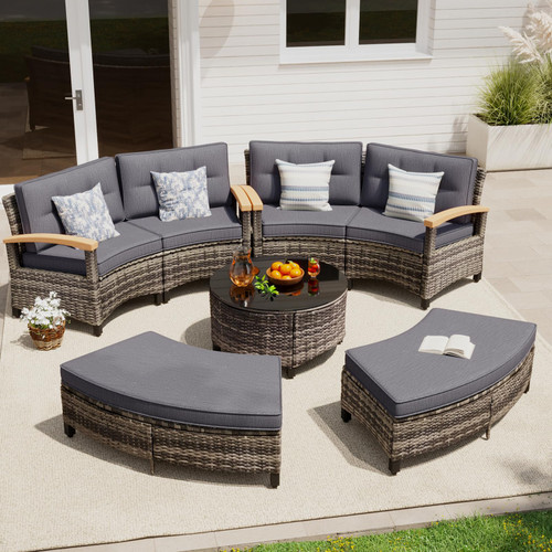 8 Piece Outdoor Patio Furniture Set, Half-Moon Curved Sectional Set with Wood Armrests, 2 Half-Moon Ottomans, Round Table (Grey)