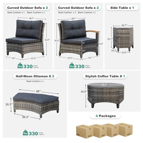 8 Piece Outdoor Patio Furniture Set, Half-Moon Curved Sectional Set with Wood Armrests, Patio Conversation Set, 2 Half-Moon Ottomans，Coffee & Side Tables (Grey)