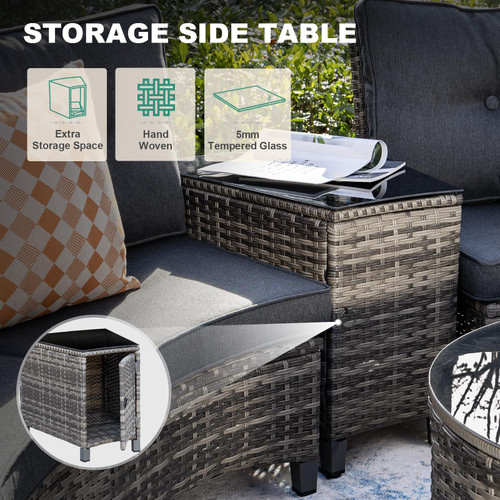 8 Piece Outdoor Patio Furniture Set, Half-Moon Curved Sectional Set with Wood Armrests, Patio Conversation Set, 2 Half-Moon Ottomans，Coffee & Side Tables (Grey)