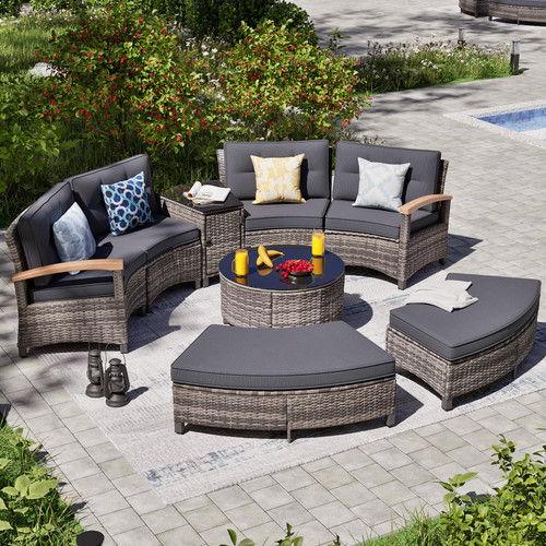 8 Piece Outdoor Patio Furniture Set, Half-Moon Curved Sectional Set with Wood Armrests, Patio Conversation Set, 2 Half-Moon Ottomans，Coffee & Side Tables (Grey)