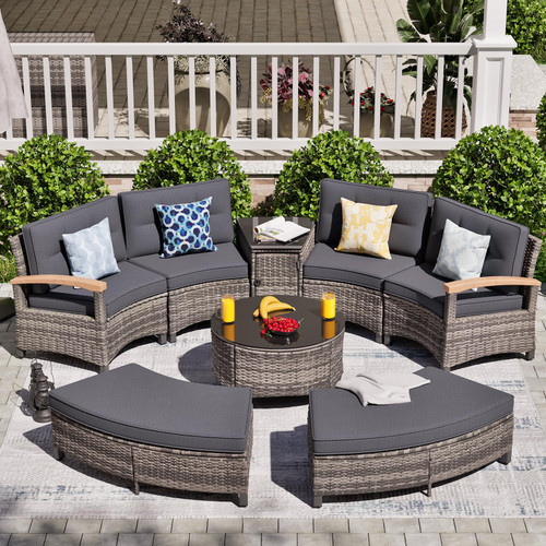 8 Piece Outdoor Patio Furniture Set, Half-Moon Curved Sectional Set with Wood Armrests, Patio Conversation Set, 2 Half-Moon Ottomans，Coffee & Side Tables (Grey)