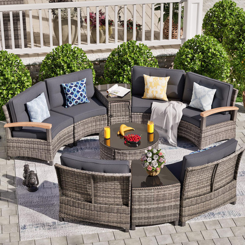 9 Piece Outdoor Patio Furniture Set, Half-Moon Curved Sectional Sofa Rattan Conversation Set with Wood Armrests, Coffee Table & Side Table（Grey）