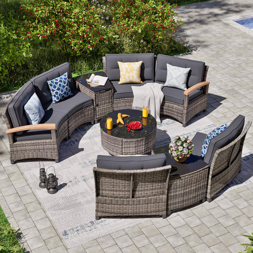 9 Piece Outdoor Patio Furniture Set, Half-Moon Curved Sectional Sofa Rattan Conversation Set with Wood Armrests, Coffee Table & Side Table（Grey）