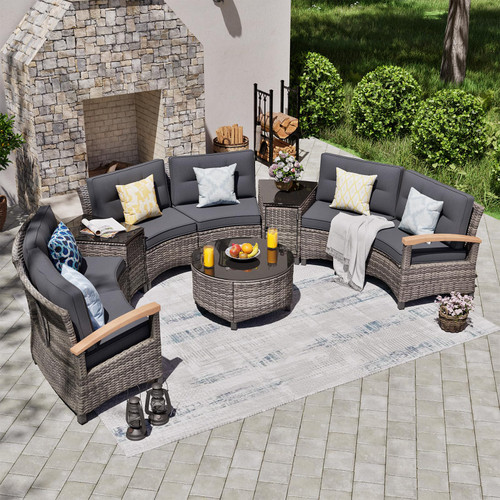 9 Piece Outdoor Patio Furniture Set, Half-Moon Curved Sectional Sofa Rattan Conversation Set with Wood Armrests, Coffee Table & Side Table（Grey）