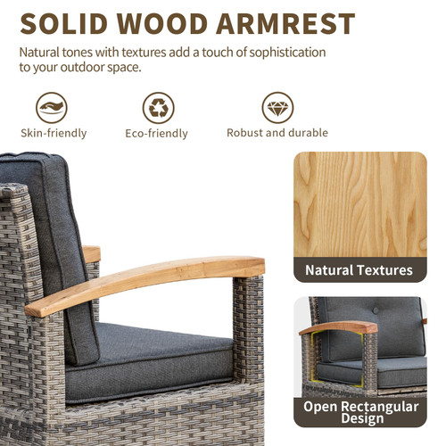 11 Piece Outdoor Patio Furniture Set, Half-Moon Curved Sectional Sofa Rattan Conversation Set with Wood Armrests, Coffee Table & 2 Side Table（Grey）