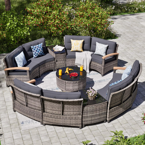 11 Piece Outdoor Patio Furniture Set, Half-Moon Curved Sectional Sofa Rattan Conversation Set with Wood Armrests, Coffee Table & 2 Side Table（Grey）