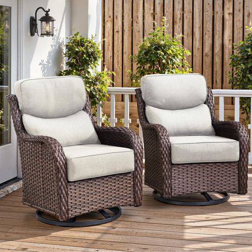 Luxury 6" Thick Cushioned Outdoor Swivel Rocker Patio Chairs of 2, High Back Wicker Patio Furniture Set with Ergonomic Zone Back, Conversation Glider Set for Deck Porch - Brown+Beige