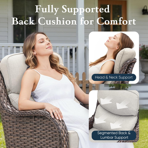 Luxury 6" Thick Cushioned Outdoor Swivel Rocker Patio Chairs of 2, High Back Wicker Patio Furniture Set with Ergonomic Zone Back, Conversation Glider Set for Deck Porch - Brown+Beige
