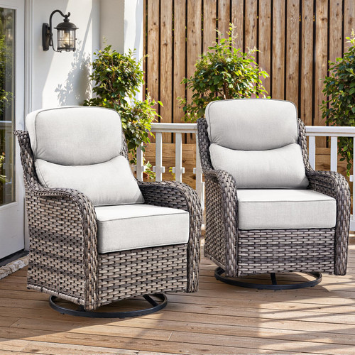 Luxury 6" Thick Cushioned Outdoor Swivel Rocker Patio Chairs of 2, High Back Wicker Patio Furniture Set with Ergonomic Zone Back, Conversation Glider Set for Deck Porch - Grey+Beige