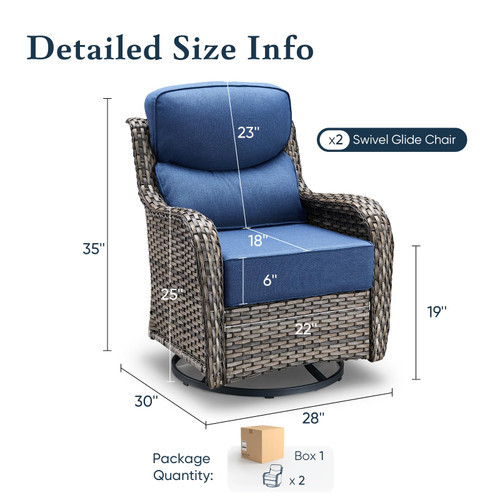 Luxury 6" Thick Cushioned Outdoor Swivel Rocker Patio Chairs of 2, High Back Wicker Patio Furniture Set with Ergonomic Zone Back, Conversation Glider Set for Deck Porch - Grey+Blue
