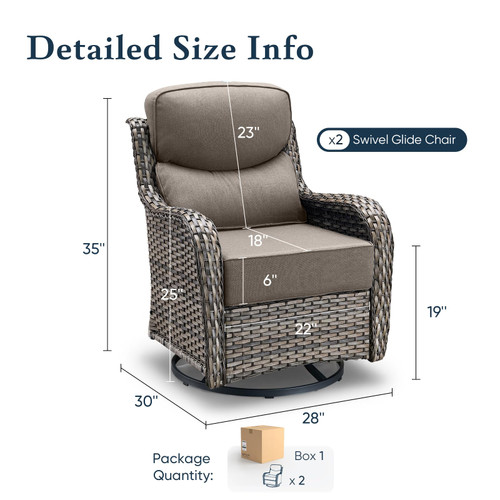 Luxury 6" Thick Cushioned Outdoor Swivel Rocker Patio Chairs of 2, High Back Wicker Patio Furniture Set with Ergonomic Zone Back, Conversation Glider Set for Deck Porch - Grey+Grey