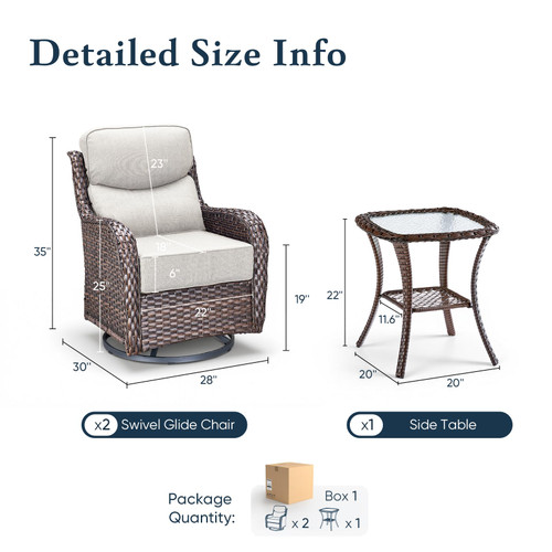Luxury 6" Thick Cushioned Outdoor Swivel Rocker Patio Chairs with Side Table, High Back Wicker Furniture Set with Ergonomic Zone Back, Conversation Glider Set for Deck Porch - Brown+Beige