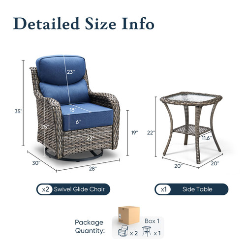Luxury 6" Thick Cushioned Outdoor Swivel Rocker Patio Chairs with Side Table, High Back Wicker Furniture Set with Ergonomic Zone Back, Conversation Glider Set for Deck Porch - Grey+Blue