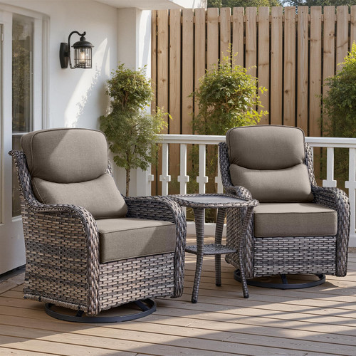 Luxury 6" Thick Cushioned Outdoor Swivel Rocker Patio Chairs with Side Table, High Back Wicker Furniture Set with Ergonomic Zone Back, Conversation Glider Set for Deck Porch - Grey+Grey