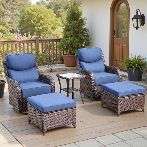 Luxury 6" Thick Cushioned 5 Pieces Patio Furniture Set with 2 Ottomans, Wicker Outdoor Conversation Set with High Back Swivel Rocker Patio Chairs for Deck Porch Yard and Poolside - Brown+Blue