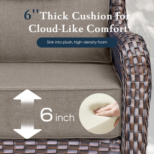 Luxury 6" Thick Cushioned 5 Pieces Patio Furniture Set with 2 Ottomans, Wicker Outdoor Conversation Set with High Back Swivel Rocker Patio Chairs for Deck Porch Yard and Poolside - Brown+Grey