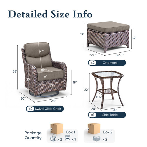 Luxury 6" Thick Cushioned 5 Pieces Patio Furniture Set with 2 Ottomans, Wicker Outdoor Conversation Set with High Back Swivel Rocker Patio Chairs for Deck Porch Yard and Poolside - Brown+Grey