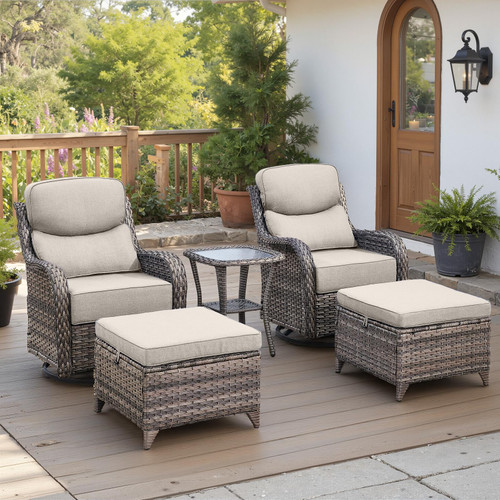 Luxury 6" Thick Cushioned 5 Pieces Patio Furniture Set with 2 Ottomans, Wicker Outdoor Conversation Set with High Back Swivel Rocker Patio Chairs for Deck Porch Yard and Poolside - Grey+Beige