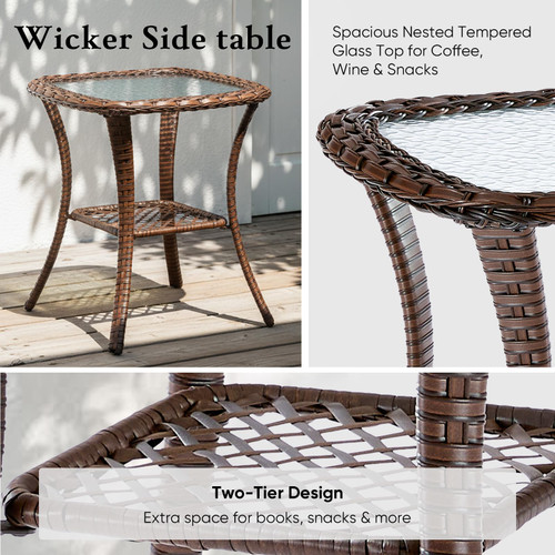 Luxury 6" Thick Cushioned 5 Pieces Patio Furniture Set with Fire Pit Table, Wicker Outdoor Conversation Set with High Back Swivel Rocker Chairs for Deck Porch Yard and Poolside - Brown+Blue