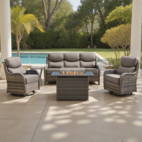 Luxury 6" Thick Cushioned 5 Pieces Patio Furniture Set with Fire Pit Table, Wicker Outdoor Conversation Set with High Back Swivel Rocker Chairs for Deck Porch Yard and Poolside - Grey+Grey