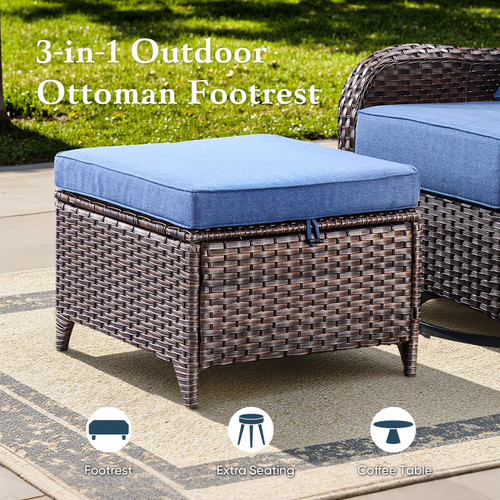 Luxury 6" Thick Cushioned 6 Pieces Patio Furniture Set with Outdoor Couch, Wicker Outdoor Conversation Set with High Back Swivel Rocker Chairs for Deck Porch Yard and Poolside - Brown+Blue