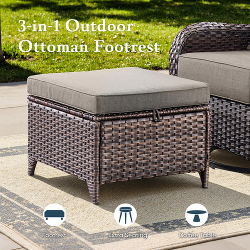 Luxury 6" Thick Cushioned 6 Pieces Patio Furniture Set with Outdoor Couch, Wicker Outdoor Conversation Set with High Back Swivel Rocker Chairs for Deck Porch Yard and Poolside - Brown+Grey