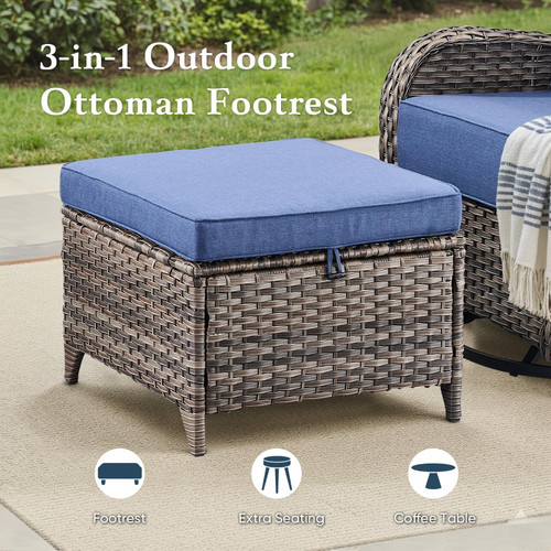 Luxury 6" Thick Cushioned 6 Pieces Patio Furniture Set with Outdoor Couch, Wicker Outdoor Conversation Set with High Back Swivel Rocker Chairs for Deck Porch Yard and Poolside - Grey+Blue