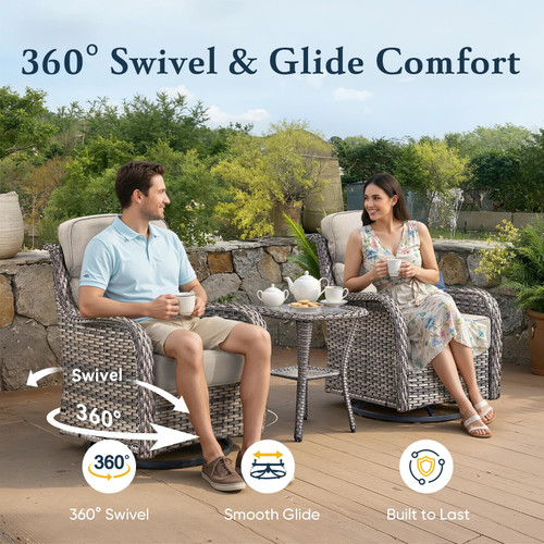 Luxury 6" Thick Cushioned 6 Pieces Patio Furniture Set with Outdoor Couch, Wicker Outdoor Conversation Set with High Back Swivel Rocker Chairs for Deck Porch Yard and Poolside - Grey+Blue