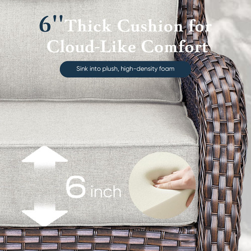 Luxury 6" Thick Cushioned Outdoor Swivel Rocker Patio Chairs Set of 4 with Side Table, High Back Wicker Furniture Set with Ergonomic Zone Back, Conversation Set for Deck Porch - Brown+Blue