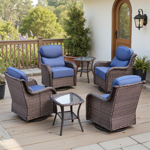 Luxury 6" Thick Cushioned Outdoor Swivel Rocker Patio Chairs Set of 4 with Side Table, High Back Wicker Furniture Set with Ergonomic Zone Back, Conversation Set for Deck Porch - Brown+Blue!