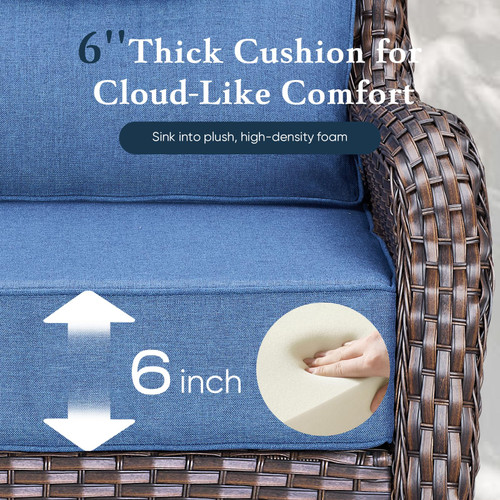 Luxury 6" Thick Cushioned Outdoor Swivel Rocker Patio Chairs Set of 4 with Side Table, High Back Wicker Furniture Set with Ergonomic Zone Back, Conversation Set for Deck Porch - Brown+Blue!