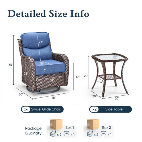 Luxury 6" Thick Cushioned Outdoor Swivel Rocker Patio Chairs Set of 4 with Side Table, High Back Wicker Furniture Set with Ergonomic Zone Back, Conversation Set for Deck Porch - Brown+Blue!
