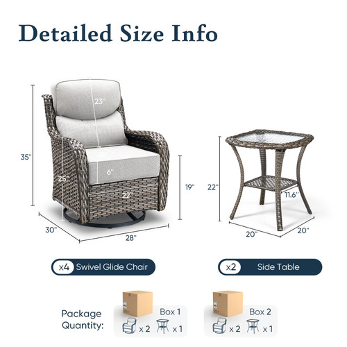 Luxury 6" Thick Cushioned Outdoor Swivel Rocker Patio Chairs Set of 4 with Side Table, High Back Wicker Furniture Set with Ergonomic Zone Back, Conversation Set for Deck Porch - Grey+Beige