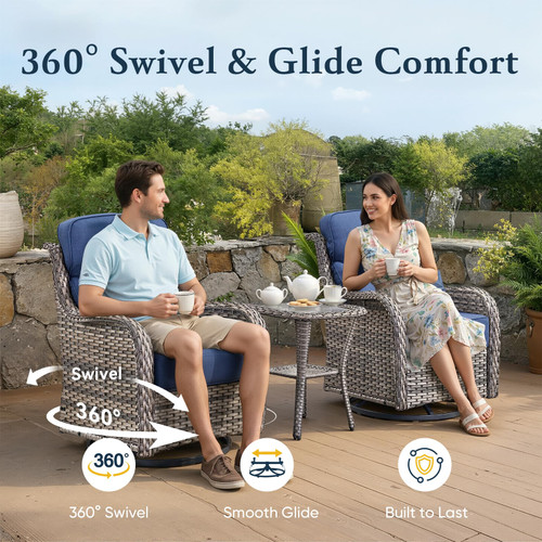 Luxury 6" Thick Cushioned Outdoor Swivel Rocker Patio Chairs Set of 4 with Side Table, High Back Wicker Furniture Set with Ergonomic Zone Back, Conversation Set for Deck Porch - Brown+Grey