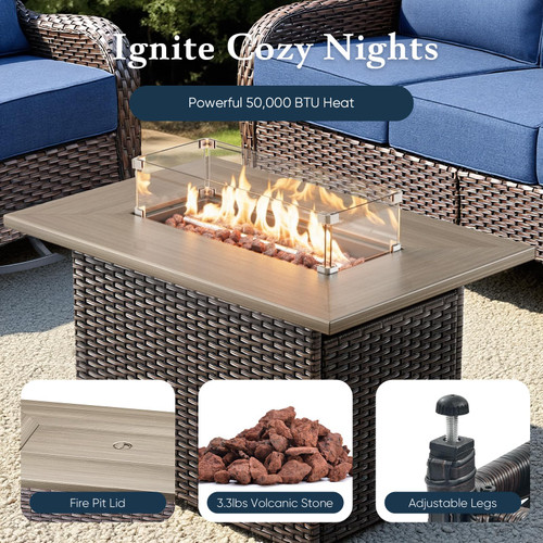 Luxury 6" Thick Cushioned 7 Pieces Patio Furniture Set with Fire Pit Table, Wicker Outdoor Conversation Set with High Back Swivel Rocker Chairs for Deck Porch Yard and Poolside - Brown+Beige