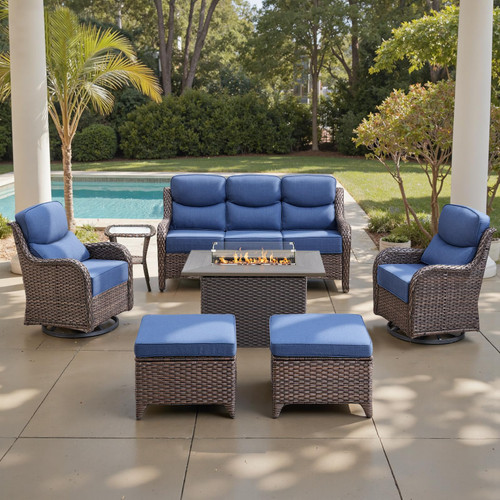 Luxury 6" Thick Cushioned 7 Pieces Patio Furniture Set with Fire Pit Table, Wicker Outdoor Conversation Set with High Back Swivel Rocker Chairs for Deck Porch Yard and Poolside - Brown+Blue