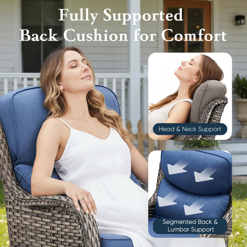 Luxury 6" Thick Cushioned 7 Pieces Patio Furniture Set with Fire Pit Table, Wicker Outdoor Conversation Set with High Back Swivel Rocker Chairs for Deck Porch Yard and Poolside - Grey+Blue
