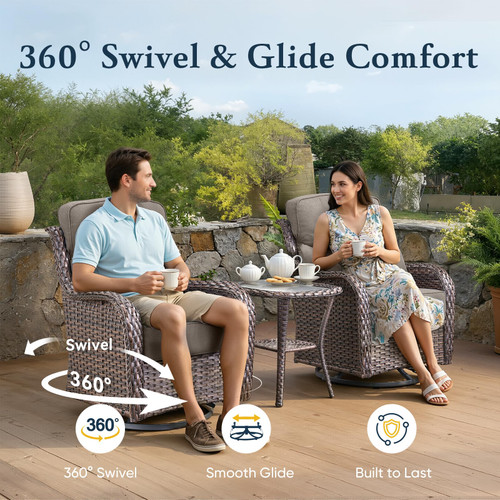 Luxury 6" Thick Cushioned 7 Pieces Patio Furniture Set with Outdoor Couch, Wicker Outdoor Conversation Set with High Back Swivel Rocker Chairs for Deck Porch Yard and Poolside - Brown+Grey