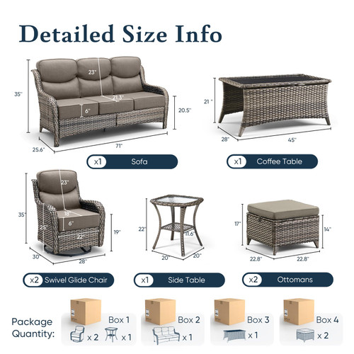 Luxury 6" Thick Cushioned 7 Pieces Patio Furniture Set with Outdoor Couch, Wicker Outdoor Conversation Set with High Back Swivel Rocker Chairs for Deck Porch Yard and Poolside - Grey+Grey