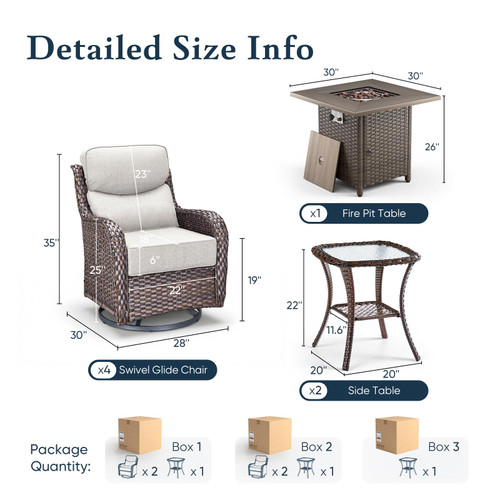 Luxury 6" Thick Cushioned Outdoor Swivel Rocker Chairs Set of 4 with Fire Pit Table, High Back Wicker Patio Furniture Set with Ergonomic Zone Back, Conversation Set for Deck Porch - Brown+Beige