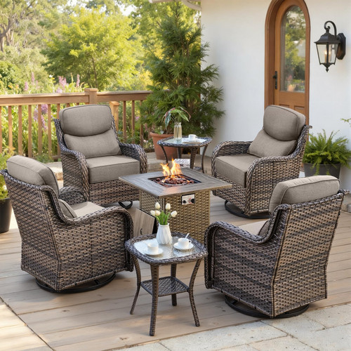 Luxury 6" Thick Cushioned Outdoor Swivel Rocker Chairs Set of 4 with Fire Pit Table, High Back Wicker Patio Furniture Set with Ergonomic Zone Back, Conversation Set for Deck Porch - Grey+Grey