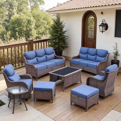 Luxury 6" Thick Cushioned 8 Pieces Patio Furniture Set with Outdoor Couch, Wicker Outdoor Conversation Set with High Back Swivel Rocker Chairs for Deck Porch Yard and Poolside - Brown+Blue