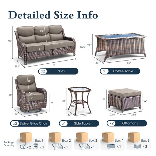 Luxury 6" Thick Cushioned 8 Pieces Patio Furniture Set with Outdoor Couch, Wicker Outdoor Conversation Set with High Back Swivel Rocker Chairs for Deck Porch Yard and Poolside - Brown+Grey